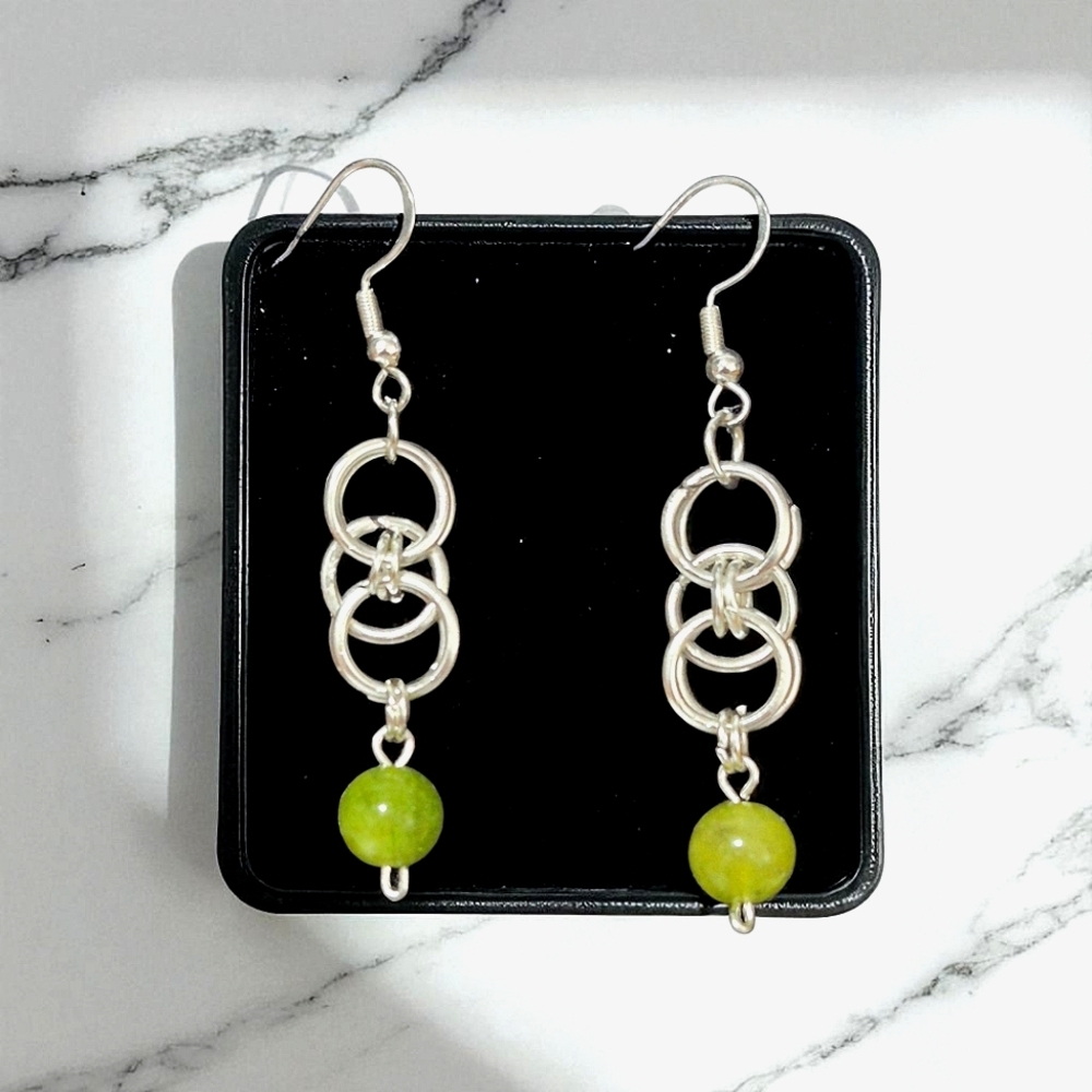 Handcrafted Stainless Steel and Jade Bead Chainmaille Drop Earrings